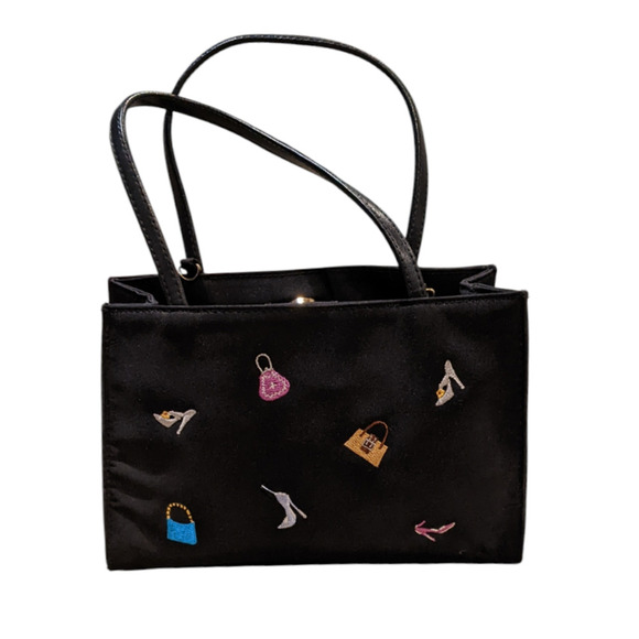 Y2K 90s Black Mini Bag Purse Clutch Rectangle Embroidered Girly Barbie Feminine - Picture 1 of 3